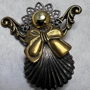 Vintage Ornate Gold Silver Tone Flower Shell Bow Brooch Pin Angelic Design